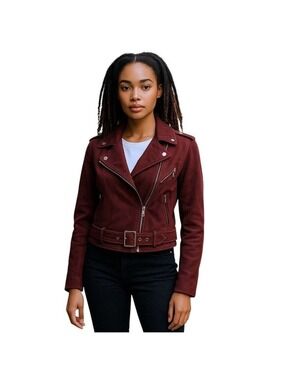 Suede Cropped Moto Jacket Women’s Size Medium (Fits like a Small) Maroon
